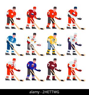 Eine Reihe von Eishockeyspielern mit einem Stock und einem Puck aus verschiedenen Ländern. Vektorgrafik in einem flachen Stil. Stock Vektor