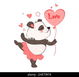 Ein Panda-Mädchen in einem rosa Tutu hält einen Ballon in Herzform mit der Aufschrift Liebe in ihren Pfoten. Valentinstag. Vektorgrafik Stock Vektor
