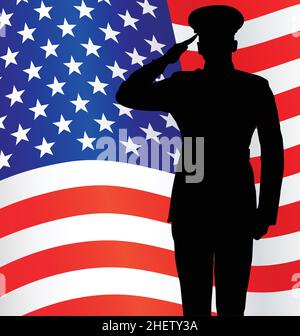 Militär Polizei Armee Marine Marine Luftwaffe Soldat grüßen Silhouette vor der fliegenden USA Flagge Stock Vektor