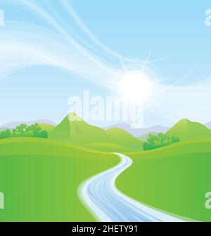 Schöne grüne Wiesen und Berge mit fließenden Fluss Strom klaren blauen Himmel Vektor Hintergrund Stock Vektor