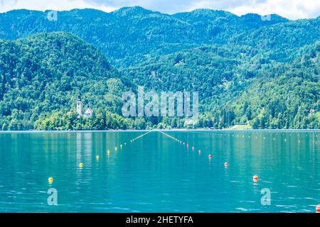 Schwimmbahnen auf dem Bleder See, Slowenien Stockfoto