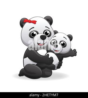 Nette glückliche Cartoon Panda Mutter Charakter mit Kleinkind Baby Panda Vektor auf weißem Hintergrund isoliert Stock Vektor