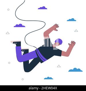 Hipster Guy Bungee Pullover. Junger Mann springt und fliegt. Gesunder, aktiver Lebensstil und kreatives Konzept für Extremsport. Männliche Person freien Fall mit Seil. Vektorgrafik eps Art Illustration Stock Vektor