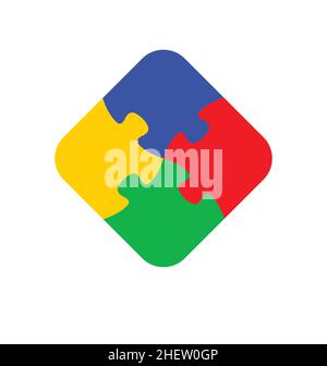 4 einfache symmetrisch farbige Puzzle-Stücke miteinander verbunden Linie Zeichnung Logo blau grün gelb rot Vektor isoliert auf weißem Hintergrund Stock Vektor