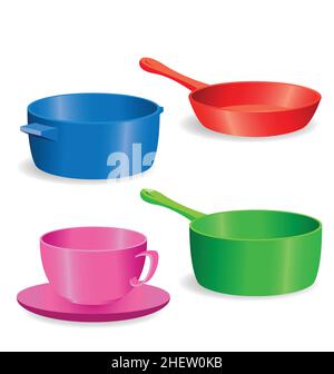 Verschiedene Töpfe und Pfannen sowie Tasse und Untertasse in hellen Farben setzen Vektor isoliert auf weißem Hintergrund Stock Vektor