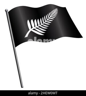 Klassisches weißes silbernes Farnblatt Neuseeland Emblem Logo auf schwarzem Hintergrund Flagge fliegend winken fliessend auf Fahnenmast Symbol Symbol Vektor isoliert auf weiß Stock Vektor