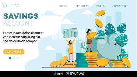 Geld sparen Landing Page - Illustration mit kleinen hübschen Frauen, Sparschwein, Kreditkarte. Konzeptvektordarstellung für Banken, Finanzen. Stock Vektor