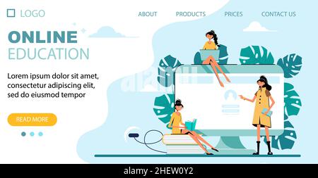 Online-Bildungskonzept, Bildschirm mit Login-Passwort, Bücher und Blätter. Vorlage für Landing-Page. Schöne Frauenfiguren. Vektorgrafik in flacher Form Stock Vektor