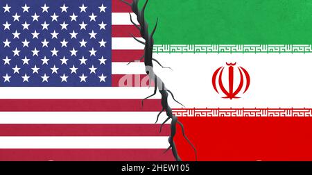 Flagge der USA und des Iran, kaputte Mauer Stockfoto