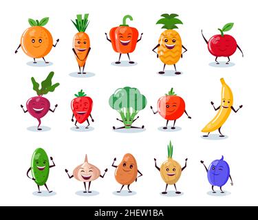 Gemüse und Obst lustige Charaktere im Cartoon-Stil. Vektorgrafik. Stock Vektor