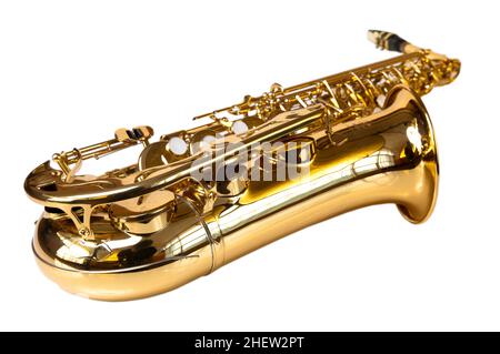 goldenes Konzert-Saxophon isoliert auf weißem Hintergrund Stockfoto