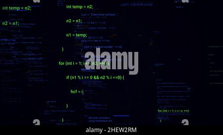 Abstrakter Flug durch beweglichen Computercode auf schwarzem Hintergrund mit 3D-Effekt. Zeilen von geschriebenem Code, futuristischer Software und informationeller ERA konz Stockfoto