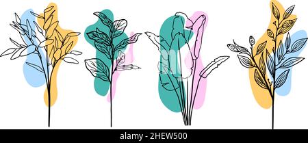 Einzeilige Zeichnungskunst, tropische Blätter, botanische Pflanzen isoliert. Vektor. Stock Vektor