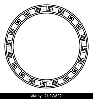Kreuzmäandermuster, Kreisrahmen mit einzelnen Punkten. Dekorative runde Bordüre aus Linien, geformt zu einem wiederholten Motiv. Stockfoto