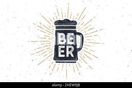 Becher Bier. Old School Poster mit Text Bier. Bierkrug im Vintage-Stil mit linearem Zeichnen von Lichtstrahlen, Sonnenstrahlen und Sonnenstrahlen, Textbier. Handgezeichnetes Grafikdesign. Vektorgrafik Stock Vektor