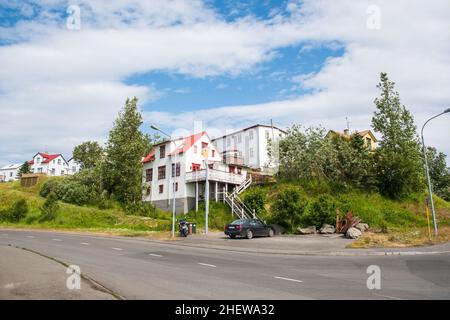 Blick über die Stadt Husavik im Norden Islands Stockfoto