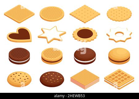 Isometrische verschiedene Cookies auf weißem Hintergrund. Leckere Kekse, Haferflocken-Kekse und Schokolade-Sandwich-Kekse Stock Vektor