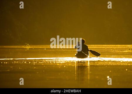 Malerische Aussicht auf Fischer im Kanu bei orangefarbenem Sonnenaufgang auf dem Fluss Stockfoto