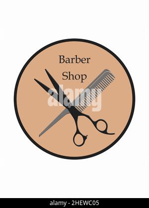 Schere und Kamm im Kreis, Beauty-Salon-Elemente, modernes Logo-Design Stockfoto