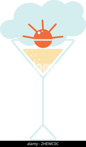 Gefülltes Cocktailglas mit Kirschen auf weißem Hintergrund. Konturzeichnung mit farbigen Akzenten. Farbenfrohes Logo. Symbol. Vektorgrafik. Stock Vektor