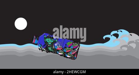 Vektordarstellung einer Meerjungfrau, die in einer Plastikflasche im Meer gefangen ist Stock Vektor