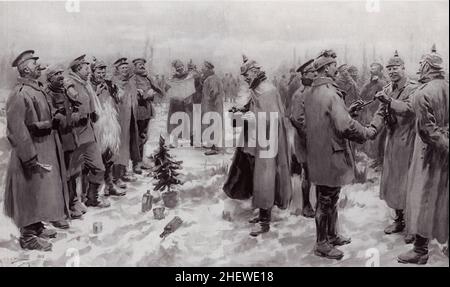 Eine Zeichnung des berühmten Weihnachtsstillstands von 1914, als deutsche und britische Soldaten ihre Schützengräben verließen, um sich in niemandsland zu treffen, zu reden und Essen auszutauschen. Stockfoto