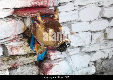 Stierkopfpfeife der heiligen Quelle am heiligen Muktinath-Tempel in der Annapurna-Region in Nepal Stockfoto