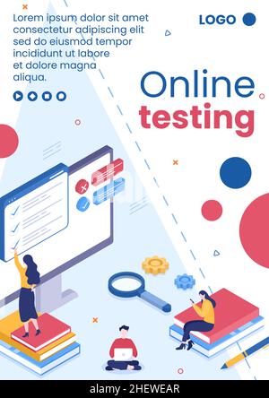 Online Testing Course Flyer Template Flat Design Illustration editierbarer quadratischer Hintergrund für Social Media, E-Learning und Bildungskonzept Stock Vektor