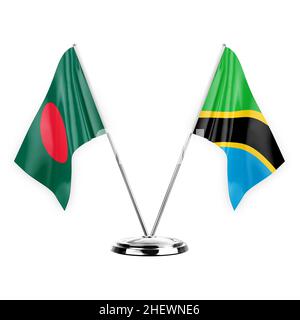 Zwei Tischfahnen isoliert auf weißem Hintergrund 3D Illustration, bangladesch und tansania Stockfoto