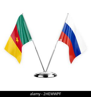 Zwei Tischfahnen isoliert auf weißem Hintergrund 3D Illustration, kamerun und russland Stockfoto