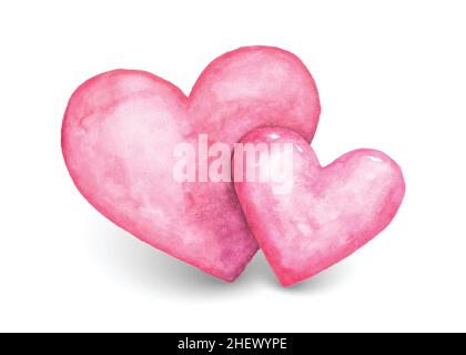 Niedliche rosa paar Herzen Aquarell auf weißem Hintergrund isoliert. Handbemalte Aquarell-Herzformen perfekt für die Dekoration des Valentinstag-Festivals, Stock Vektor