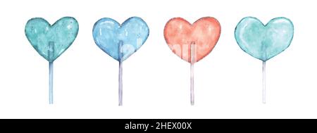 Set von herzförmigen Lollipop niedlich mit hellen Aquarell handbemalt isoliert auf weißem Hintergrund. Element perfekt für die Dekoration Valentinstag, gr Stock Vektor