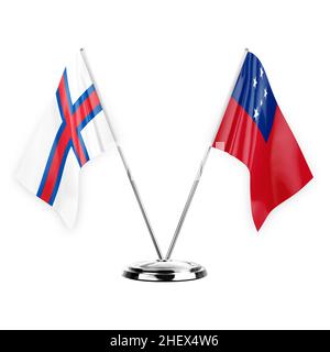 Zwei Tischfahnen isoliert auf weißem Hintergrund 3D Abbildung, färöer-Inseln und samoa Stockfoto