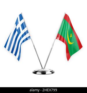 Zwei Tischfahnen isoliert auf weißem Hintergrund 3D Abbildung, griechenland und mauretanien Stockfoto