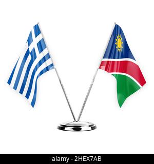 Zwei Tischfahnen isoliert auf weißem Hintergrund 3D Illustration, griechenland und namibia Stockfoto
