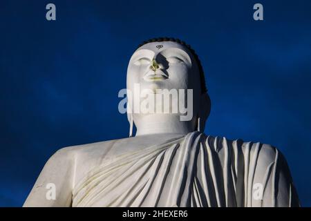 Riesige Buddha-Statue Korathota Raja Maha Viharaya steht unter dunklem Himmel. Es ist ein buddhistischer Tempel in Korathota, in der Nähe von Kaduwela, im Colombo-Nationalpark Stockfoto