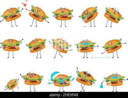 Netter Hamburger-Charakter mit glücklichen oder traurigen Emotionen, Panik, liebevollem oder tapferem Gesicht, Händen und Beinen. Fröhliche Fast-Food-Person, Sandwich mit Ausdruck, Maske, Gläser oder Hut. Vektorgrafik flach Stock Vektor