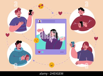 Menschen kommunizieren über Mobiltelefone, junge Männer und Frauen mit Smartphones chatten und senden Nachrichten an Freunde. Charaktere verwenden Gadgets Internet und Social Media, Line Art flache Vektor-Illustration Stock Vektor