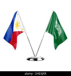 Zwei Tischflaggen isoliert auf weißem Hintergrund 3D Illustration, philippinen und saudi-arabien Stockfoto