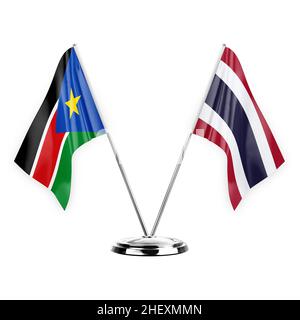 Zwei Tischfahnen isoliert auf weißem Hintergrund 3D Abbildung, Südkorea und thailand Stockfoto