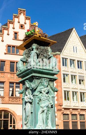 Alter Brunnen bei roemer mit einem künstlichen stoch-Nest und Allegorien-Figuren aus dem 19th. Jahrhundert Stockfoto