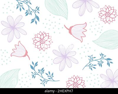 Blumen Nahtloses Muster. Weiße Silhouetten Blumen, Blätter, Zweige auf dunkelblauem Hintergrund. Vektorgrafik. Stock Vektor
