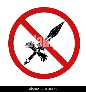 Schwarze Silhouette eines mittelalterlichen Schwertes in einem roten verbotenen Zeichen. Die Kriegsgefahr. Gewaltverbot. Vektorzeichen für Aufkleber und Symbole Stock Vektor