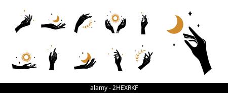 Boho Hand mit Mond und Sonne. Kollektion von Bohemian ästhetischen Design-Logos. Alchemie esoterische Talismane. Vektorgrafik im minimalistischen Stil Stock Vektor