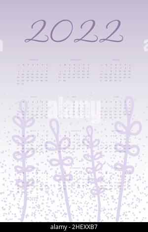 Kalender 2022 Trendy sehr peri Lavendel-Palette mit handgezeichneten botanischen Elementen. Stock Vektor