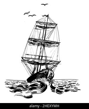 Segelschiff im Meer. Tinte schwarz-weiß Zeichnung Stockfoto