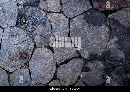 Die Textur von halbnassen grauen Steinen erzeugt ein schönes natürliches Muster für exotische Naturhintergrund und Tapete Stockfoto