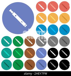 Elektronische Zigarette solide mehrfarbige flache Symbole auf runden Hintergründen. Im Lieferumfang enthalten sind weiße, helle und dunkle Symbolvarianten für den Schwebezustand und den aktiven Status e Stock Vektor