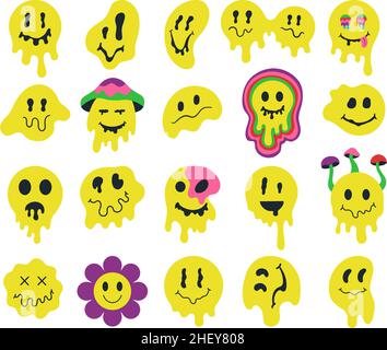 Psychedelisch lächelnde Gesichter, tropfende groovige Charaktere. Verrückte Graffiti Lächeln Emoji, Mimik Maskottchen Vektor Illustration Set Stock Vektor