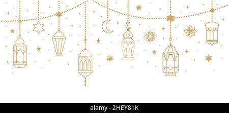 Arabisch traditionelle Ramadan Kareem östlichen Laternen Girlande. Muslimische ornamentale hängende goldene Laternen, Sterne und Mond Vektor Illustration Set. Islamisch Stock Vektor